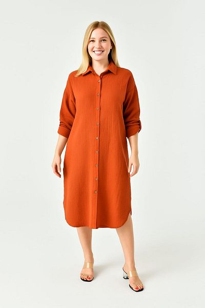 enmodaiçgiyim Brick Color 100% Cotton Muslin Woven Fabric Buttoned Long Sleeve Women's Shirt Dress