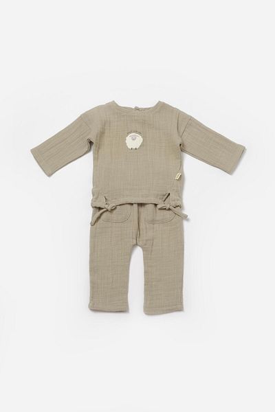 Magu Unisex Baby Cotton Green Muslin Two Piece Set - Lamb Embroidered Top and Pants with Pockets