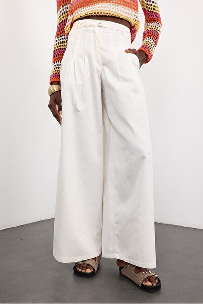 5in1Canpolat Ecru Drawstring Wide Leg Trousers