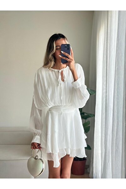 MODA Kadın Beyaz Parlak Volanlı İnci Elbise