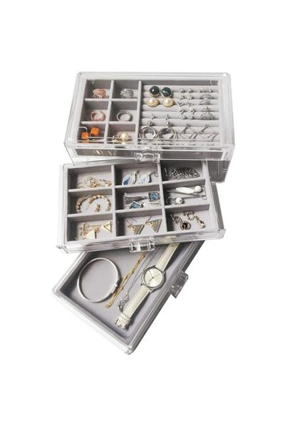 Generic صندوق منظم مجوهرات LBOYLOVE® بثلاثة أدراج، صندوق مجوهرات مخملي شفاف ل...