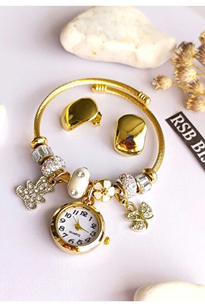 RSB Bijuteri Küpe ve Bileklik Saat PandoRSB Altın Kaplama 2'li set 316 L Çelik + Hediye paket