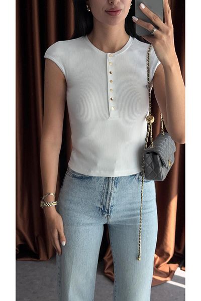 HAZELANNA Gold Button t Sleeve Basic White Knitwear