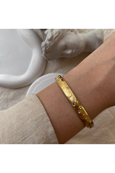 Glossy by Burcu Karataş Ay, Güneş Motifli Vintage Çelik Bohem Kelepçe Bileklik