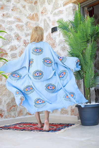 Befera Design Muslin Kimono 100% Cotton Eye Printed Patterned Bathrobe Kaftan Dressing Gown