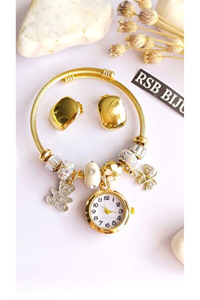 RSB Bijuteri Küpe ve Bileklik Saat PandoRSB Altın Kaplama 2'li set 316 L Çelik + Hediye paket