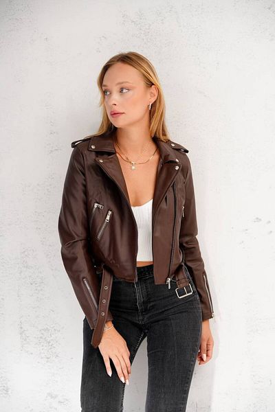 İLKCET MODA Jachetă de damă slim fit maro amar cu detaliu cu fermoar pe mânecă