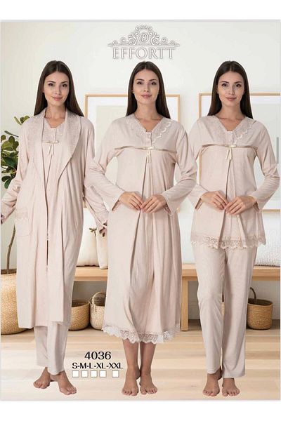 EM&FA TEKSTİL Pregnant Maternity 3-Piece Dressing Gown Nightgown Pajama Set