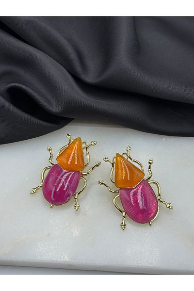 Unzilee Brand Model Design Earrings with Spider Figure, Orange and Pink Stones and Gold Detail
