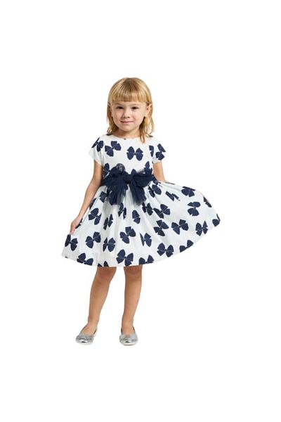 İDO I Do Rochie Fetite Eleganta din Poplin, Funda in Talie, Jupon Tul, Imprimeu Fundite Albastre, Captus