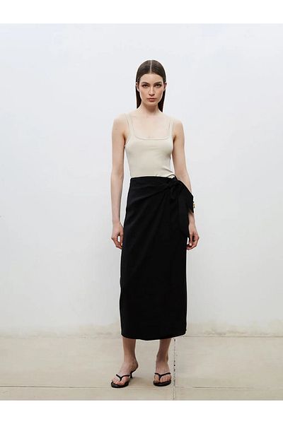 LC Waikiki Soulife Black Elastic Waist Modal Textured Tie Skirt