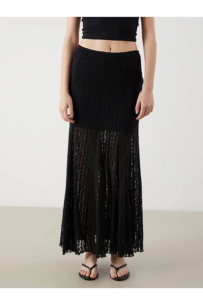 LC Waikiki Lcw Vision Black Elastic Waist Lace Flared Skirt
