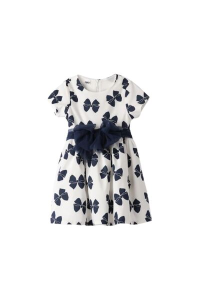 Sarabanda I Do, Rochie elegantă pentru fete din poplin, cu fundă în talie, jupon din tul, imprimeu cu funde albastre, căptușeală din bumbac