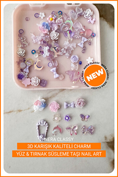 Nera Classy 3D Karışık Renkli Desenli Charm Tırnak Süsü, Protez Tırnak Nail A...