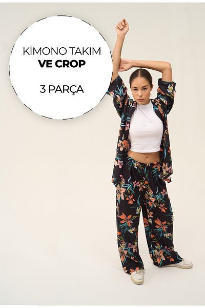 ClubSpaceAstro Women's 3-Piece Kimono Set – Crop, Pants and Kimono – First Quality Stylish Combination