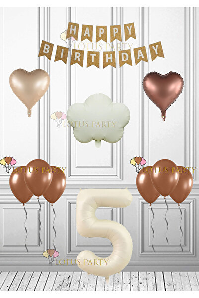 LOTUS PARTY Σετ γενεθλίων Retro Cloud Cream Retro Cloud - Καφέ Καρδιά Καφέ Μπαλόνι Kraft Happy 5 Years Old