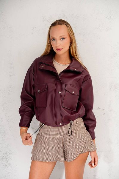 MEYASU Women's Oversize Burgundy Leather Jacket with Side Drawstring Pocket Detail