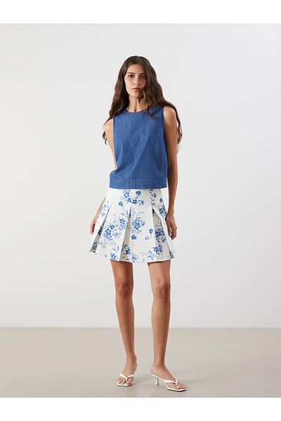 LC Waikiki Lcw Vision Blue Waist Zipper Floral Pleated Mini Skirt