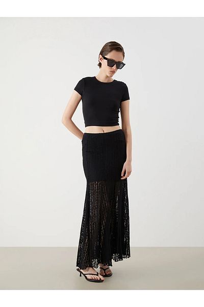 LC Waikiki Lcw Vision Black Elastic Waist Lace Flared Skirt