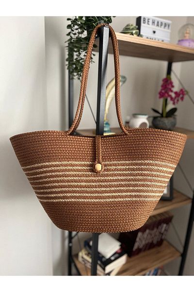 Tresshandicraft Brown-Jute Striped Beach Bag-Casual Bag