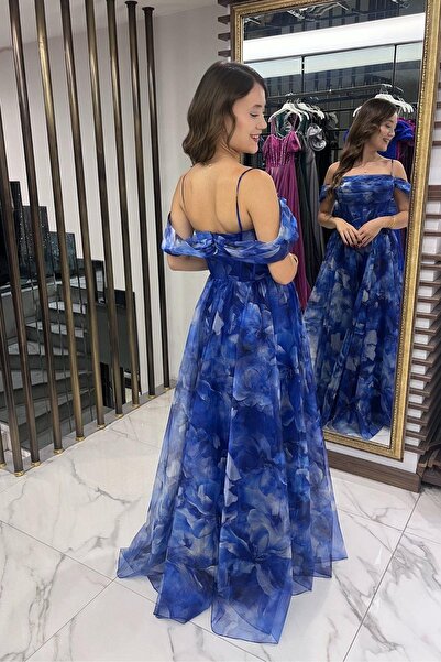 By Saygı Women's Thin Strap Low Sleeve Underwire Front Draped Lining Floral Organza Long Dress