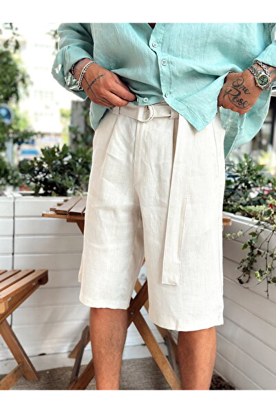 manch collection Κρέμα σορτς με λεπτομέρεια από 100% λινό
