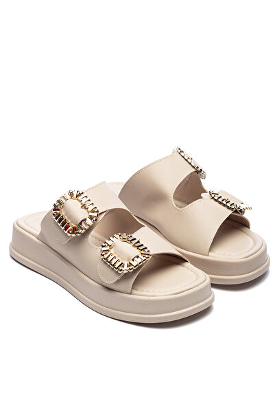 Raynok Kadın Çift Bantlı Taş Tokalı Ortopedik Rahat Kalıp Bej