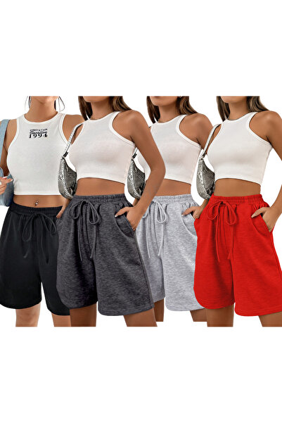 NAKRUF Kadın Şort 4’lü Set – Siyah Gri Füme Kırmızı – Yazlık Rahat Regular Fit