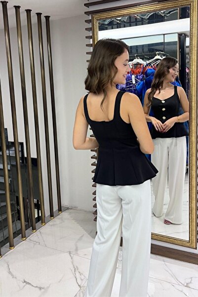 By Saygı Γυναικεία Μπλούζα με χοντρό λουράκι με χρυσό κουμπί φούστα Flounced Lycra Diver