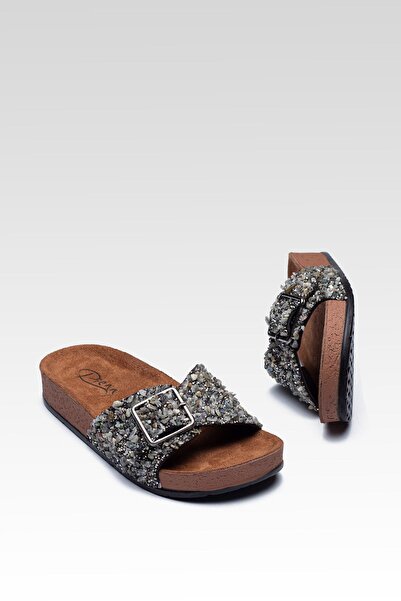 Raynok Kadın Taşlı Tokalı Rahat Kalıp Terlik Ortopedik Füme