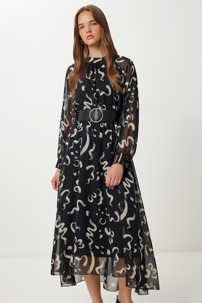 Lovelyİstanbul Φόρεμα σιφόν με μοτίβο με ζώνη LFG0063 ΜΑΥΡΟ ΚΟΚΚΑΛΙ