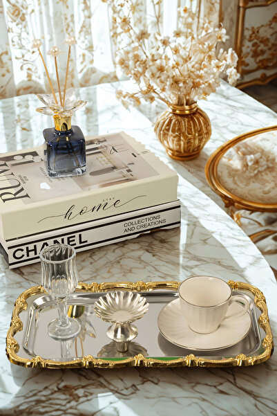 Yaren Style Gold Rose Patterned Stainless Steel Tray | 33X18 cm Luxury Presentation Tray