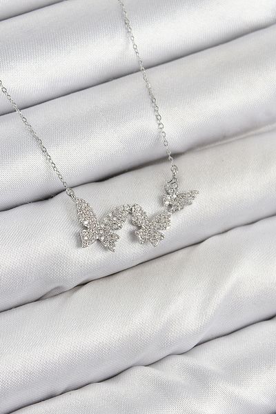shopwave Brass Zircon Stone Butterfly Model Silver Color Women's Necklace
