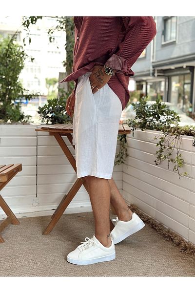 manch collection 100% Linen Belt Detailed Shorts White