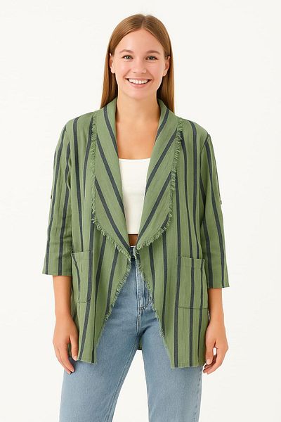 enmodaiçgiyim Jachetă de damă din muselină din bumbac 100% – dungi verde bleumarin, franjuri, model elegant de vară oversize