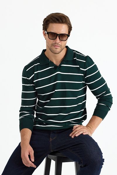 GEİO Men's Polo Neck Regular Fit Cotton Striped Knitwear Sweater