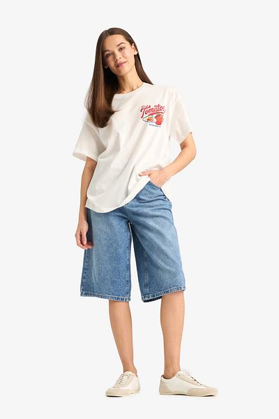 DeFacto F4743 White Oversize Wide Fit Crew Neck Printed Short Sleeve T-Shirt
