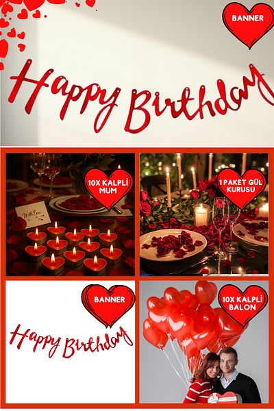 Baloncu Nene Red Happy Birthday Banner Heart Balloon Candle Rose and Heart Candle Valentine's Day Special Day Anniversary
