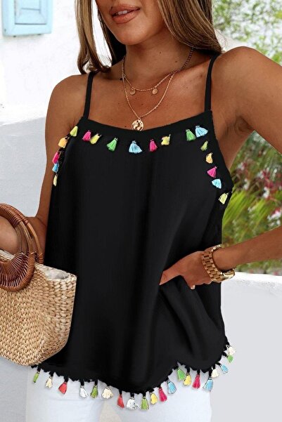 Mossta Bluză Sandy cu bretele subțiri și detalii cu ciucuri - Negru