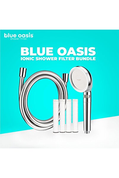 Blue Oasis Shower Filter Blue Oasis Ionic Shower Filter Bundle | Silver Cylindrical Filter + 4 Dual Cartridges & 2M Hose | TU