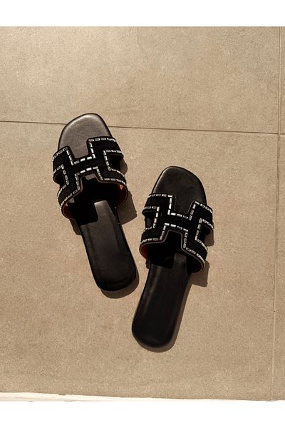 labor Selection Velvet Fabric Stone Flat Sole Slippers - Narrow Fit