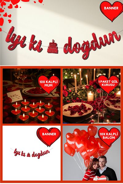 Baloncu Nene Red Happy Birthday Banner Heart Balloon Candle Rose and Heart Candle Valentine's Day Special Day Anniversary