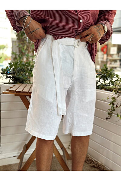 manch collection Λεπτομερές σορτς με ζώνη 100% λινό λευκό