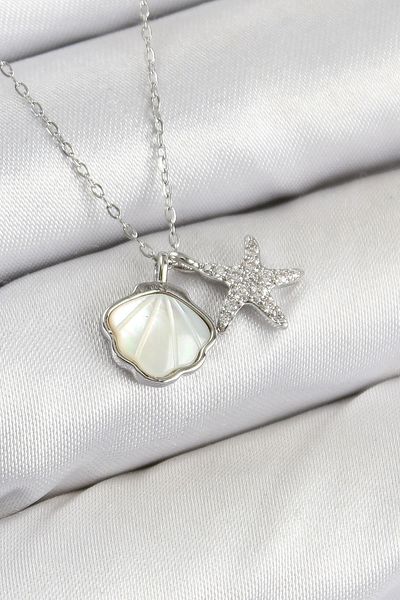 shopwave Brass Zircon Stone Oyster and Starfish Model Silver Color Women's Necklace