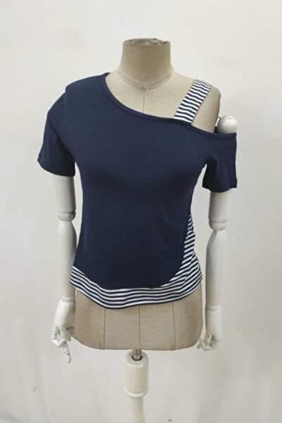 Mossta One Shoulder Open Striped Detailed Viscose Blouse - Navy Blue