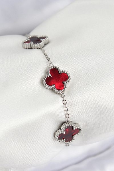 shopwave 316L Steel Pearlescent Red Silver Color Clover Women's Bracelet