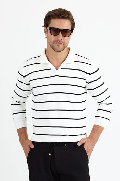 GEİO Men's Polo Neck Regular Fit Cotton Striped Knitwear Sweater