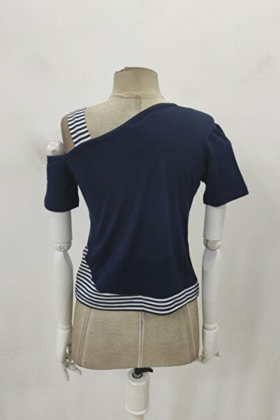 Mossta One Shoulder Open Striped Detailed Viscose Blouse - Navy Blue