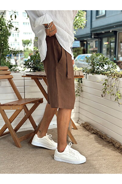 manch collection Σορτς 100% λινό με λεπτομέρεια καφέ