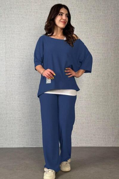 Mossta Off-Shoulder Loose Blouse Wide Leg Pants Set - Navy Blue